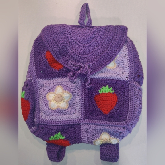 Handbags - Purple Crochet Strawberry/Flower Granny Square Drawstring Backpack